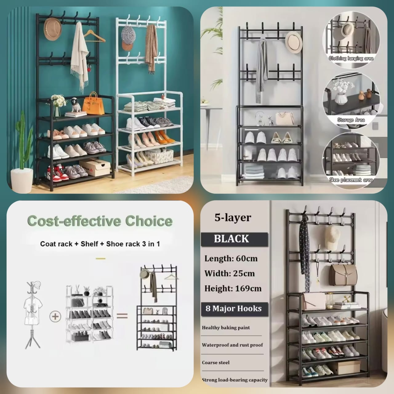 5 Layer Attachable Coat Hanger with Shoes Rack (Black & White) with box